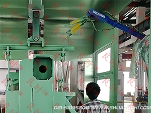 （QY千亿国际TM）纺织机械大型机床床身悬挂自动抛丸机器人喷粉生产线